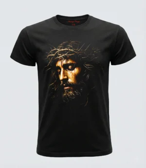 Camiseta Pasión de Cristo con impresión realista del rostro de Jesucristo con corona de espinas en DTF.