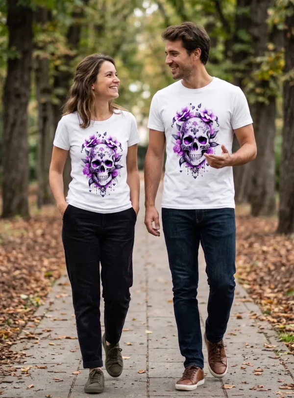 pareja Camiseta "Calavera Amatista" - Cráneo y Rosas Púrpuras Camiseta "Calavera Amatista" - Cráneo y Rosas Púrpuras